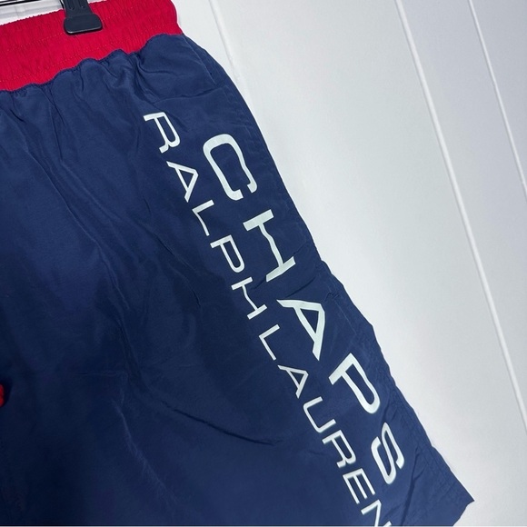 Vintage Chaps Ralph Lauren Navy Logo Printed Swim Trunks - Picture 2 of 9